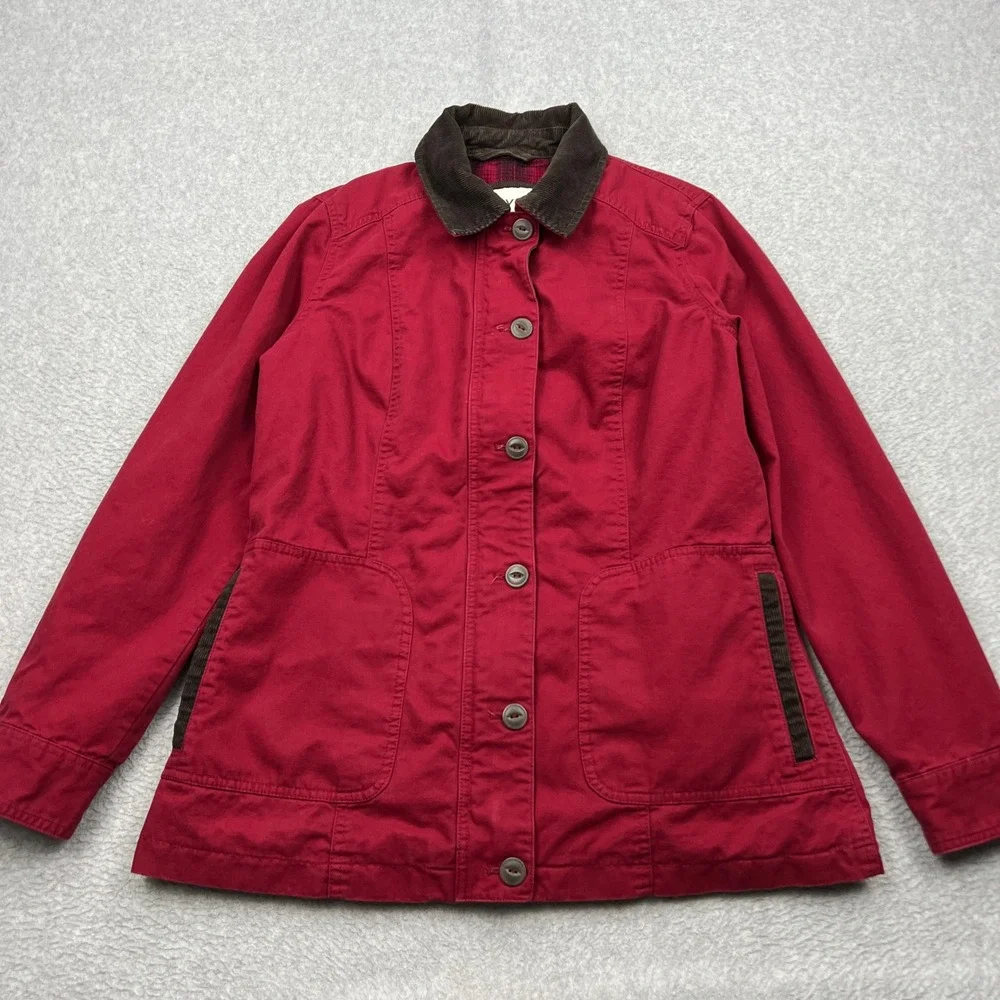 Orvis Barn Jacket Womens Small Red Canvas Plaid Lined Corduroy Collar Field Coat
